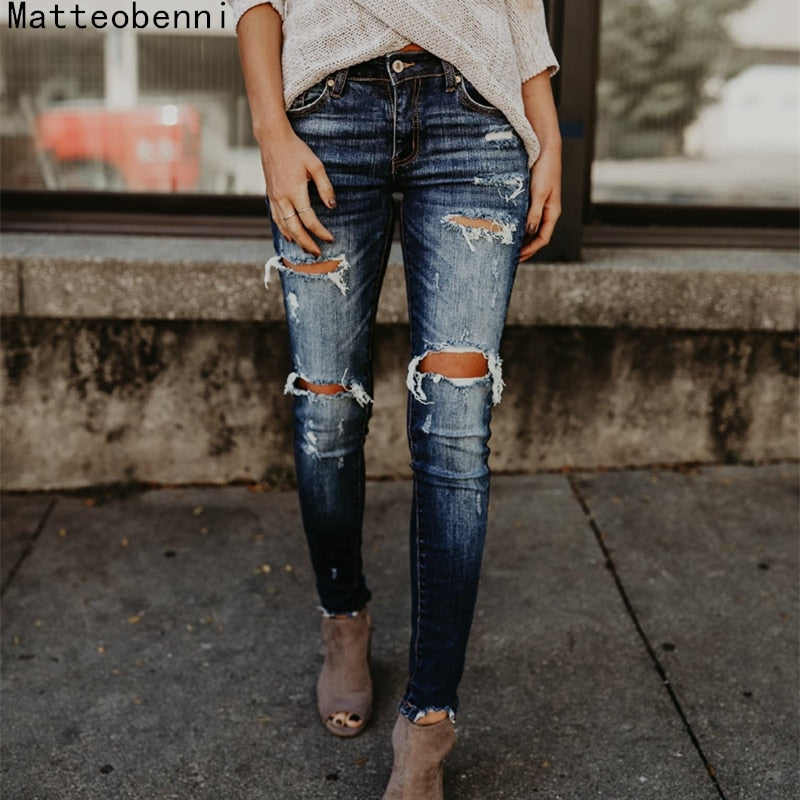 Boyfriend Hole Ripped Jeans Women Pants Cool Denim Vintage skinny