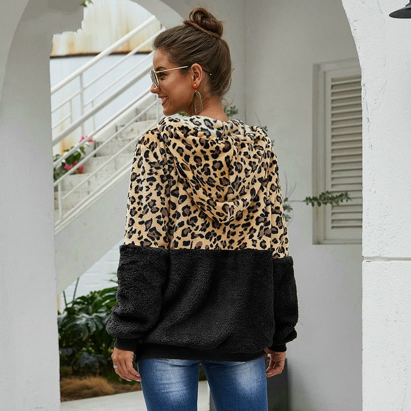 Autumn Winter Leopard Sweatshirts Women 2020 Long Sleeve Hooded Hoodies Casual Zipper Hoodie Top Warm Coat Polerones Mujer