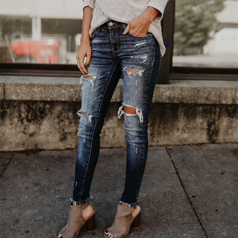 Boyfriend Hole Ripped Jeans Women Pants Cool Denim Vintage skinny