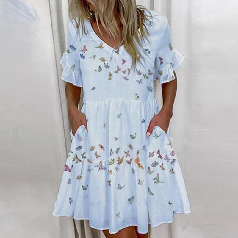 Elegant Floral Print Ruffle Women Mini Dress New Casual Short Sleeve Party Dress Ladies 2021 Summer Sexy V-Neck Dresses Vestidos