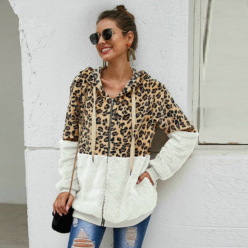 Autumn Winter Leopard Sweatshirts Women 2020 Long Sleeve Hooded Hoodies Casual Zipper Hoodie Top Warm Coat Polerones Mujer